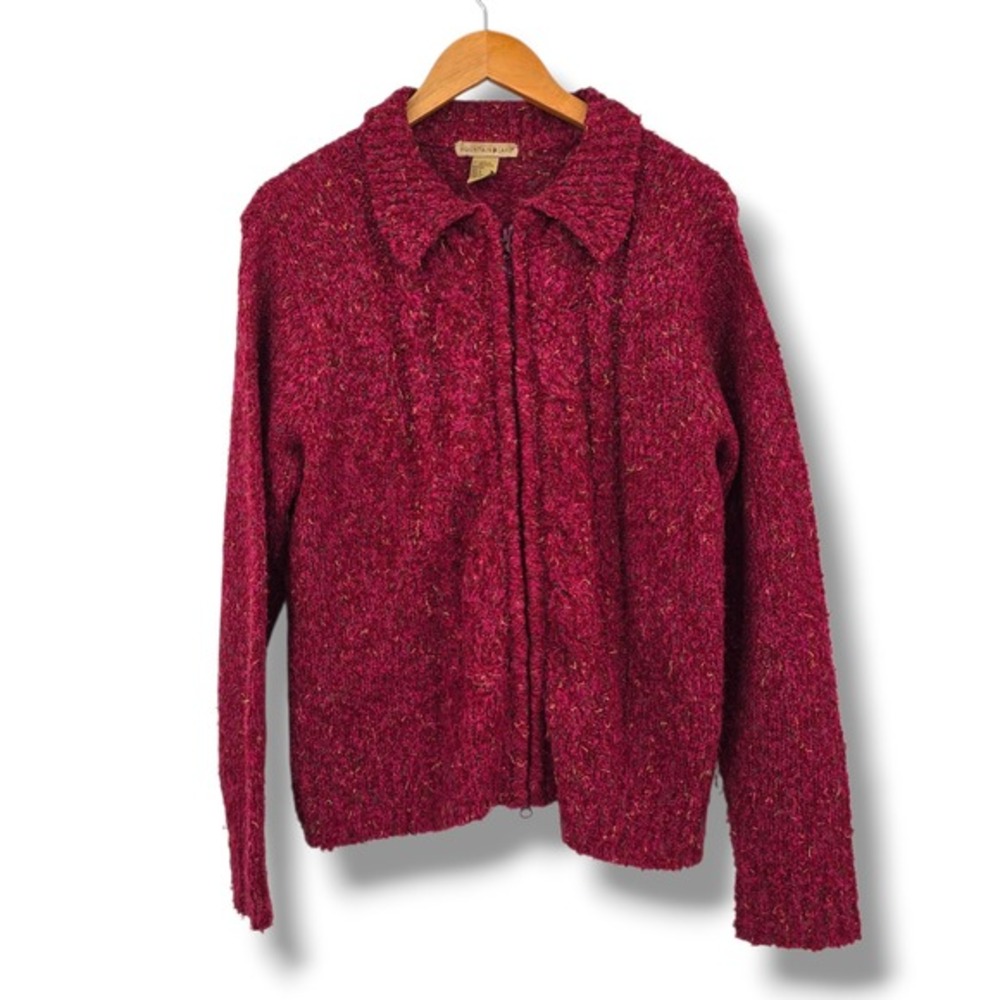 Mountain Lake Women's Burgundy Textured Knit Zip Front Collared Sweater Size L